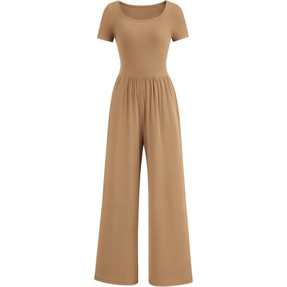 Pants - Women's Camel Summer Short Sleeve Square Neck Wide Leg Rompers Jumpsuits